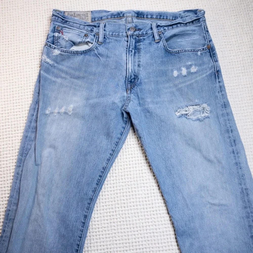 Polo Ralph Lauren Distressed Light Wash Blue Denim Jeans Mens 33x32 Straight Leg